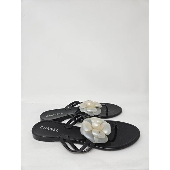 Chanel Black Jelly Camellia Interlocking CC Thong Sandals 39 sz - Picture 8 of 8